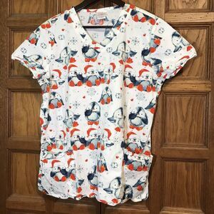 Willow Brook Scrub Top Women's XL Christmas Penguin Babies Cotton Pockets V-Neck